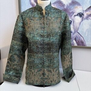 Coldwater Creek Women's M Green Metallic Tapestry Full Zip Tunic Jacket Blazer‎